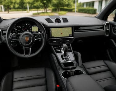 Interior luxuoso da Porsche Cayenne com painel moderno, volante esportivo e bancos em couro.