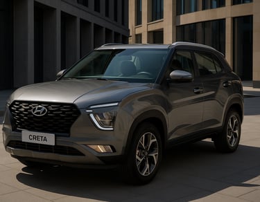 Hyundai Creta 2024 cinza metálico estacionado em cenário urbano moderno com destaque para a frente d
