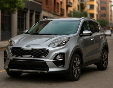 Kia Sportage 2022 prateada estacionada em rua urbana brasileira com prédios modernos e árvores ao fu