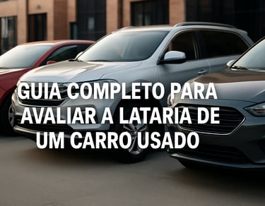 Três carros usados (hatch vermelho, SUV prata e hatch cinza) estacionados lado a lado em concessioná