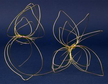 Abstract metal wire sculpture evoking two flowers