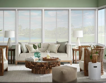 living room with sheer horizontal blinds and natural light – Rise Up Window Coverings Milwaukee