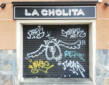 Antes y después de persiana de comercio graffiti mural pintura decorativa Valencia