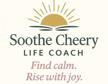 Soothe & Cheery Life Coaching logo with sunrise design and tagline Find calm. Rise with joy.