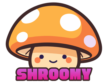 Cute kawaii mushroom character with orange spotted cap and Shroomy text logo.
