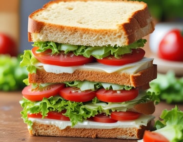 um lanche de pão de forma recheado de alface, tomate e queijo