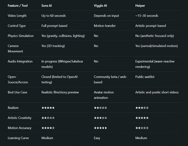 Deep Comparison Table sora, viggle, haiper