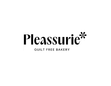Pleassurie Guilt Free Bakery logo in black serif font with a minimalist floral icon on a white background.