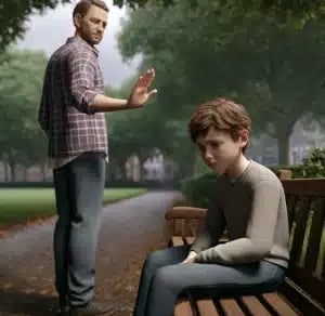 a man and a woman sitting on a bench in a park