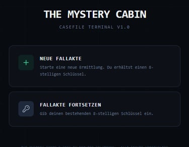 The Mystery Cabin digital casefile terminal interface with options to start a new case or continue an investigation.
