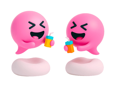 Two joyful Blabit bubbles with closed smiling eyes holding colorful juice boxes with straws