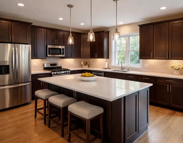 Dark wood kitchen interior photographed for real estate marketing