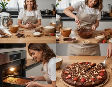 Smiling woman baking a homemade chocolate cake with strawberries and nuts in a modern kitchen.