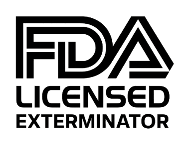 Black and white FDA Licensed Exterminator logo for professional pest control certification.