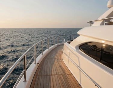 Close-up wide shot of a superyacht main deck at golden hour, teak wood and stainless steel railings in sharp detail, calm sea visible beyond the stern, no crew or guests, natural warm light