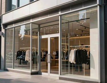 Wide shot of a modern commercial storefront with large clear glass panels and aluminum framing, street-level retail facade in an urban setting under daylight, clean reflections visible on the glass surface
