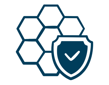Blue honeycomb icon with a protective shield and checkmark representing skin safe temporary tattoo