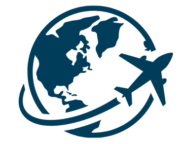 Blue icon of an airplane flying around the Earth globe, representing Worldwide Shipping