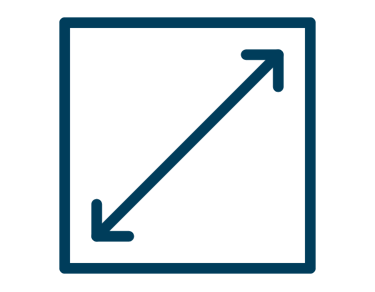 Blue square icon with a double-ended diagonal arrow representing different dimensions and scale.