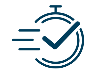 Blue stopwatch icon with a checkmark symbol representing fast service and quick turnaround time