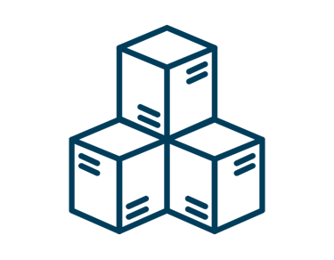 A blue line icon of stacked logistics boxes represent catering for bulk custom tattoo orders
