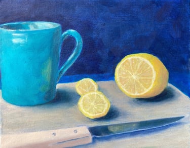 Limited edition giclee print of a mug, chopped lemon & knife on a chopping board