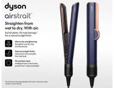 Dyson Airstrait straightener in navy and copper — straighten wet to dry with air, no extreme heat