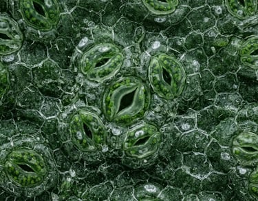 Extreme macro photography of a plant leaf surface, showing intricate cellular structure and stomata under clean laboratory light, deep botanical greens and clinical whites, high-contrast, scientific editorial style.