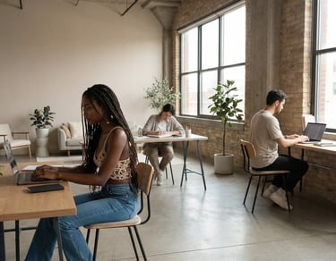 a woman sitting at a table with a laptop and a man in a suit