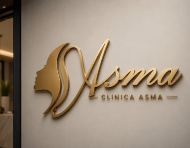 Luxury gold clinic signage design for Asma Clinica featuring elegant metallic lettering and premium wall-mounted branding.