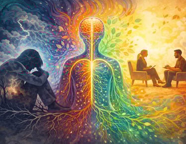 Illustration showing nervous system regulation and addictive patterns healing through therapy.