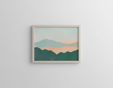 A framed piece of wall art featuring a minimalist landscape illustration with soft, layered hills in earthy and teal tones.