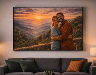 smoky mountains canvas from photo above sofa, couple portrait turned into sunset wall art