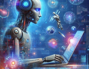 a robot with a laptop and a robot