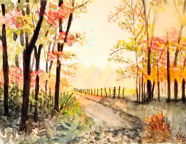 a watercolor painting of a road with a fence and autumn colored trees