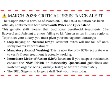 Critical resistance alert for Varroa mites in Australia detailing management strategies for beekeepers.