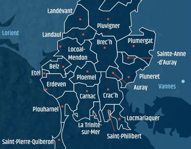 Carte des communes couvertes par Betty Papail : Auray, Pluneret, Brec'h, Crach, Le Bono, Ploeren