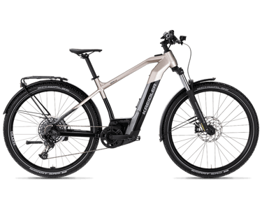 Kreidler Vitality E-Bike with champagne frame, Schwalbe tires, and integrated battery for off-road trekking.