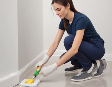 a woman in overalls and overalls cleaning a hardwood floor