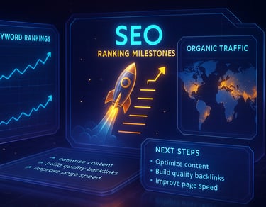 Real-time SEO analytics dashboard showing ranking improvements and AI recommendations