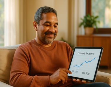 Person viewing financial growth on screen, representing passive income.