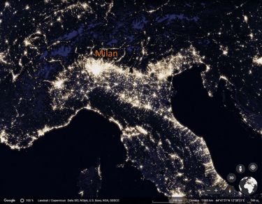 Image satellite du nord de l'Italie la nuit