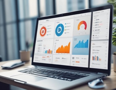 A dimly lit control desk with numerous buttons and knobs, paired with a large screen displaying complex software. The screen features a variety of icons and options related to lighting or stage effects.