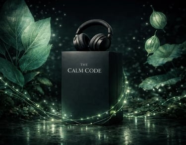 Black noise-canceling headphones resting on a box in a mystical forest with glowing lights.