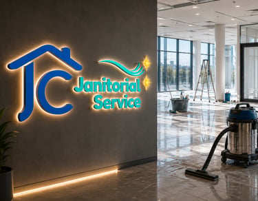 Professional JC Janitorial Service backlit logo on office wall with industrial vacuum cleaner and supplies.