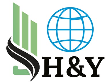 Professional corporate H&Y logo featuring a blue globe icon and green vertical bar graph elements.