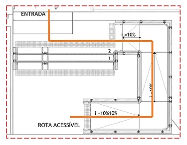 planta tecnica de rampa e escada mostrando rota acessivel