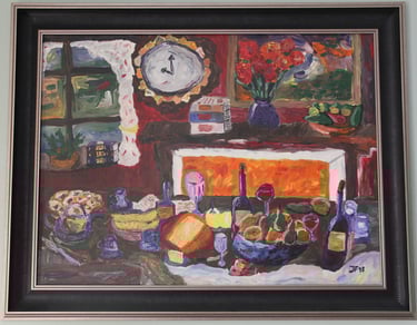 a still life painting of a table with food on it, a window, a clock and a fireplace