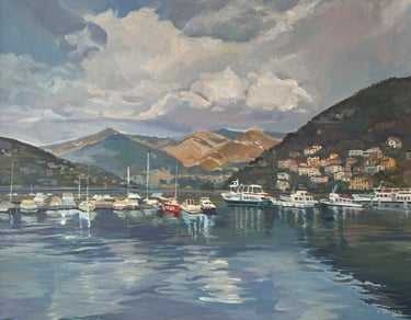 'Whispers of Como' 24x30 inches Serene Harbor oil painting by Angela Moiseieva