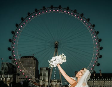 a bride is posing for a photo on a boat with London Eye, London in background